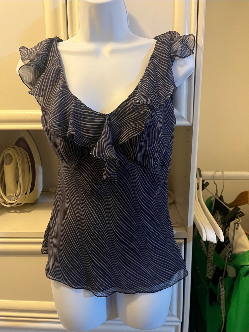 Elie Tahari Navy and White Striped Ruffle V-Neck Camisole